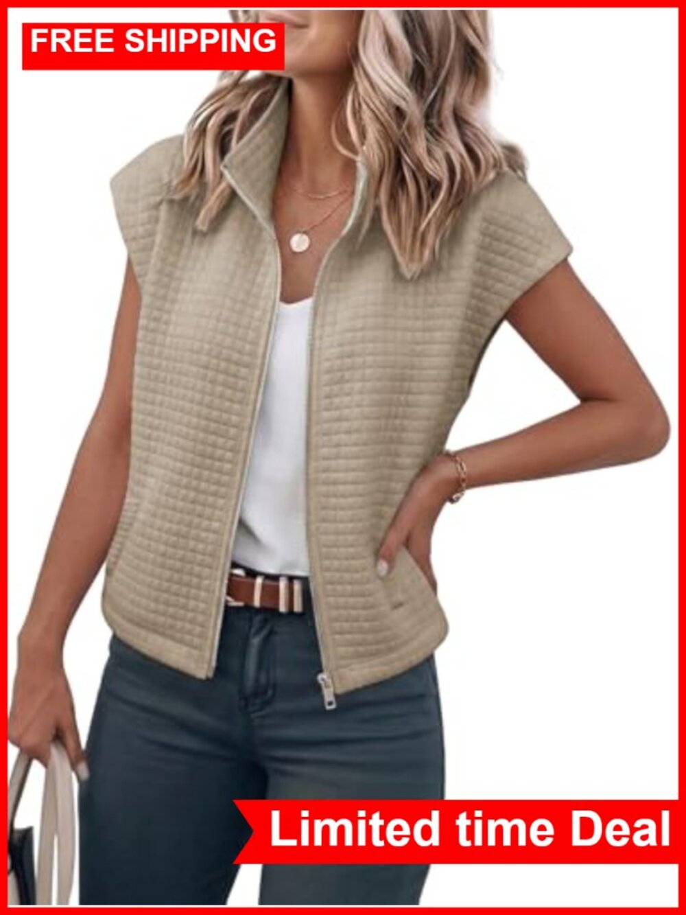 Waffle Textured Zip Up Vest with Pockets Women's Sleeveless